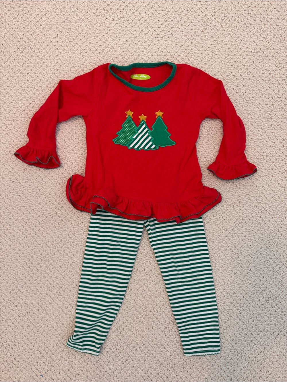 mine Red and Green Christmas Tree Ruffle Top with Striped Leggings